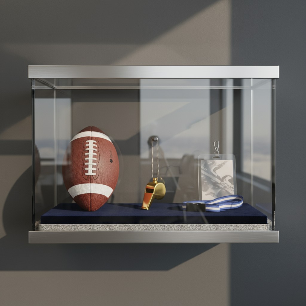 A glass display case containing various sports-related items: a football, whistle and whistle necklace