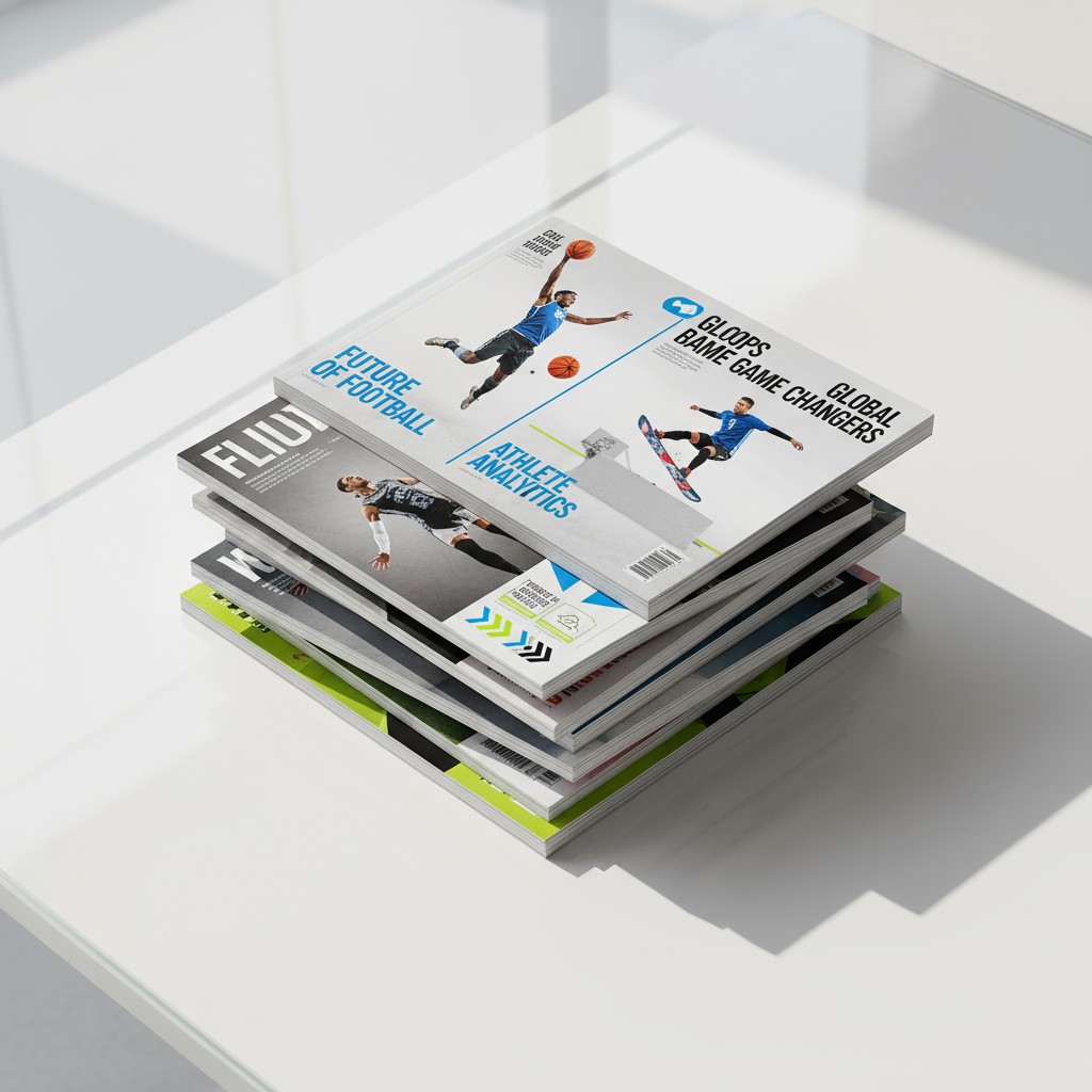 A pile of sports-themed magazines featuring athletes on the covers. The magazines are laid face up atop a plain white surf...