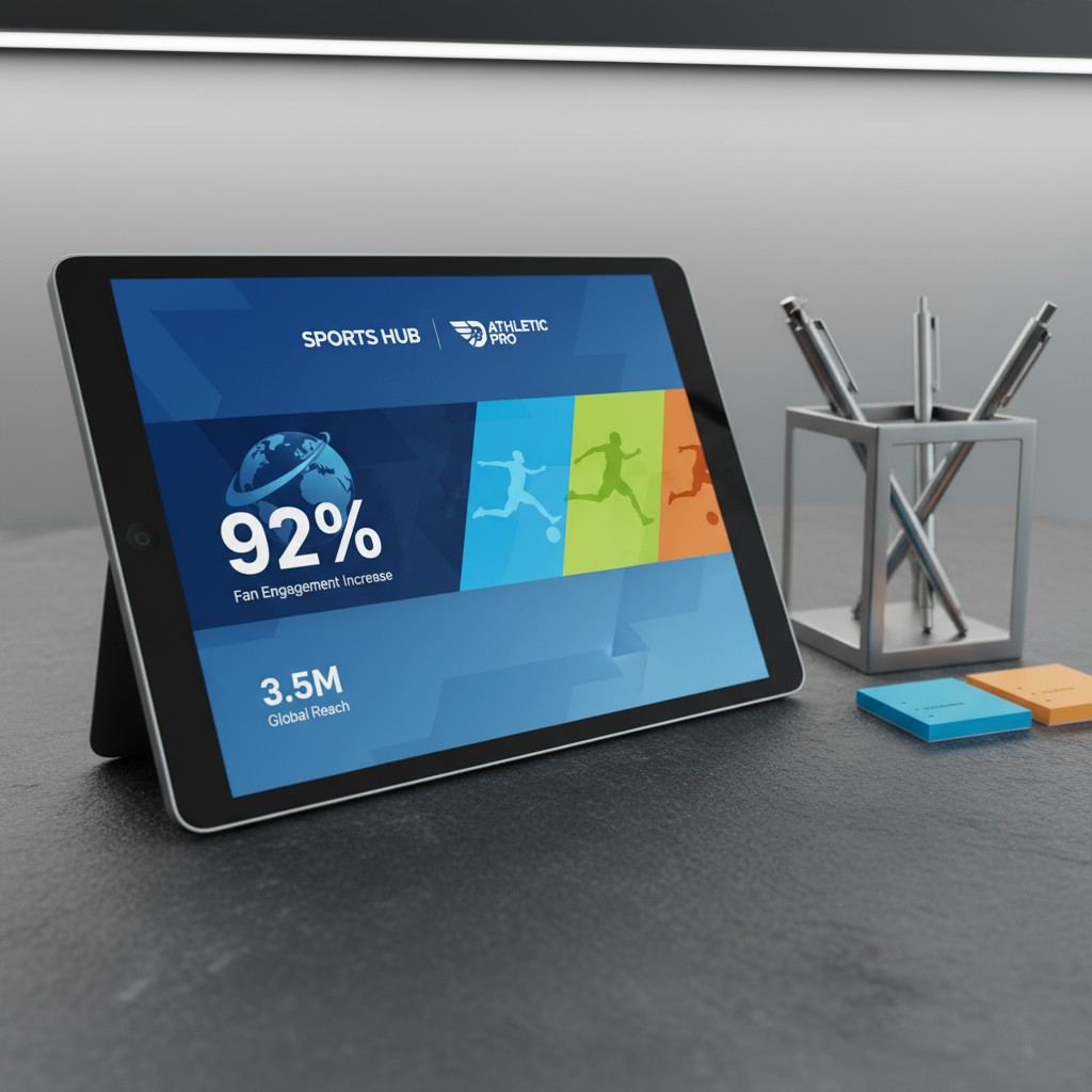 Digital tablet displaying a blue-screened graphic from Sports Hub and Athletic Pro, positioned on an angled stand with a g...