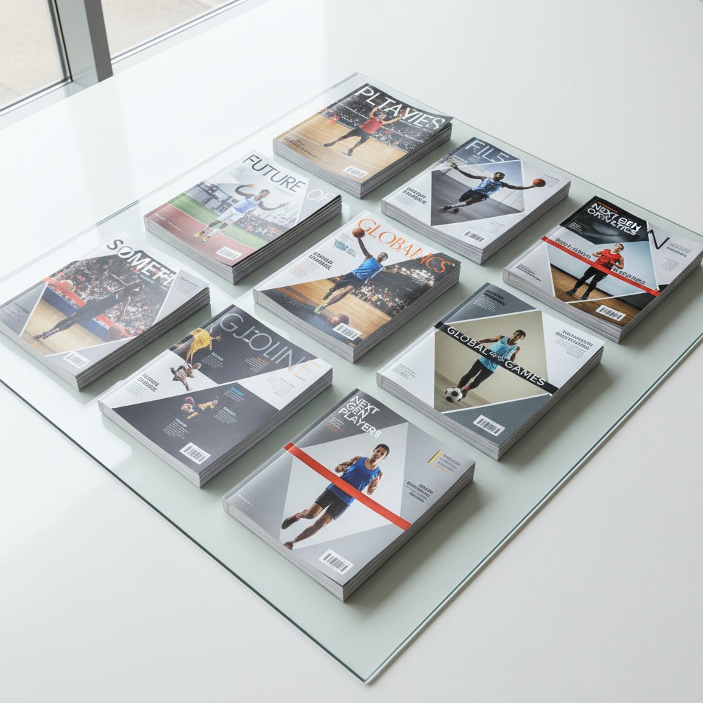 The image depicts a glass coffee table displaying a collection of sports magazines arranged in a grid pattern. The tableto...