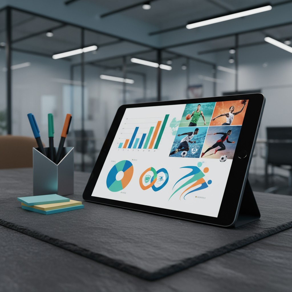 "Digital tablet with sports-related charts and visits on a desk in a modern office backdrop, illustrating a workplace with...